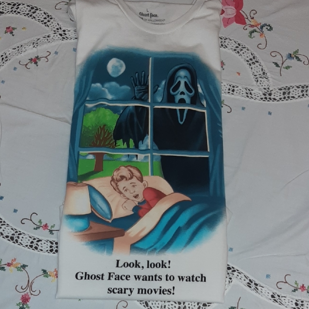 'GHOST FACE'๐ฑ"Look,look" White Graphic Horror Tee in EUC 100% Cotton Sz L - Picture 10 of 10